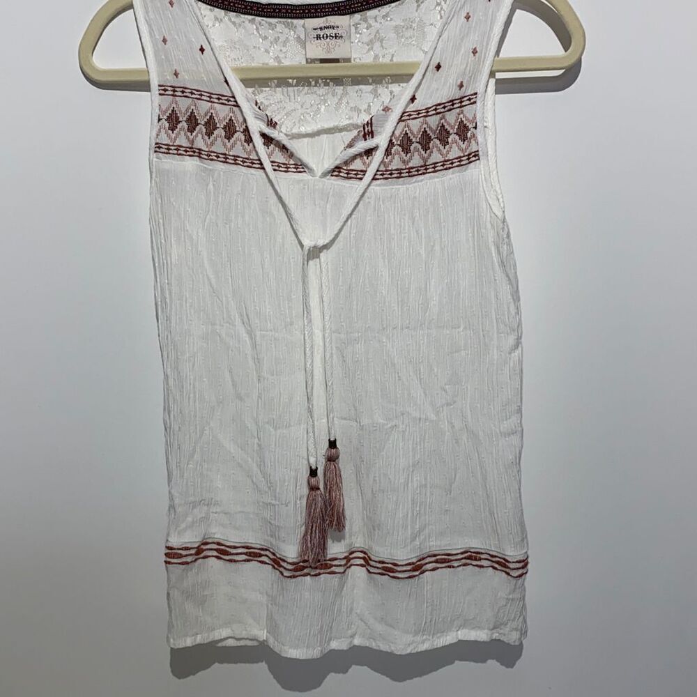 Knox Rose Women's Brown White Tassel Tie‎ Lace Trim Boho Tank Top Blouse Size XS